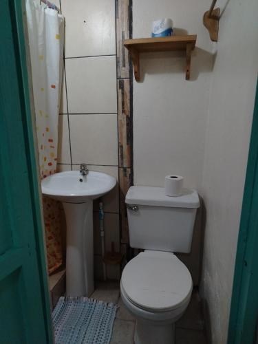 a bathroom with a toilet and a sink at Blue Iguana in Sámara