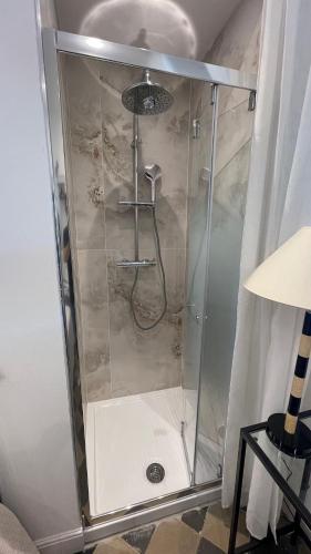 a shower with a glass door in a room at Villa Nanni Camera Le Mura Piccola e Accogliente, a due passi dalle Mura con parcheggio in Lucca