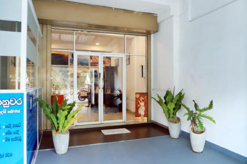 a room with two potted plants in front of a door at Hostel Avion Kandy in Kandy