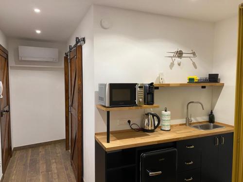 a kitchen with a sink and a microwave on a counter at La Casa nel Borgo in Muggia