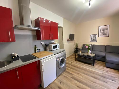 une cuisine avec des placards rouges et un salon dans l'établissement Henry's Place - Studio Cosy en hypercentre de Toulouse, à Toulouse
