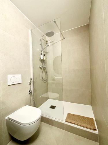 une salle de bain blanche avec douche et toilettes dans l'établissement Cosy Studio Sunny Terrace and Pool Next to the Beach and Monaco, à Roquebrune-Cap-Martin