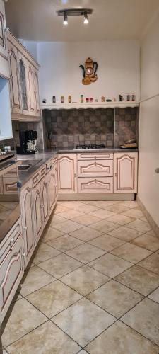 Il comprend une grande cuisine avec des placards blancs et du carrelage. dans l'établissement Flocon, à Annecy