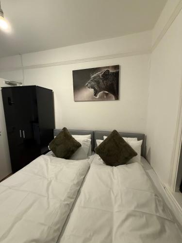 a large white bed with two pillows in a bedroom at Gray Bridge House in Kingsthorpe