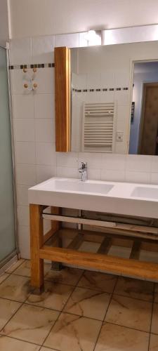 La salle de bains est pourvue d'un grand lavabo blanc et d'un miroir. dans l'établissement Flocon, à Annecy