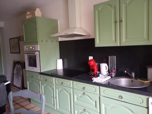 une cuisine avec des armoires vertes et un évier dans l'établissement Appartement 3 pièces, jardin, garage, à Laroque-des-Albères