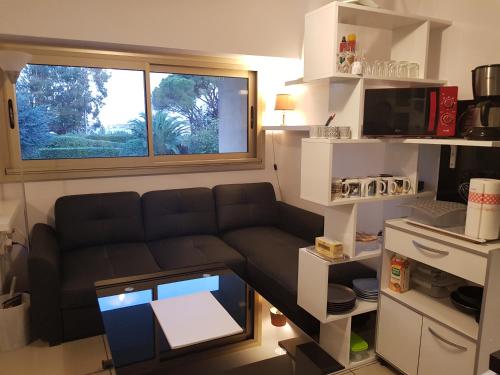 un salon avec un canapé et une fenêtre dans l'établissement Studio et chambre sur jardin et mer, à Cannes