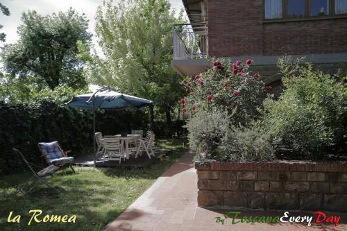 a patio with an umbrella and a table and chairs at La Romea in Altopascio
