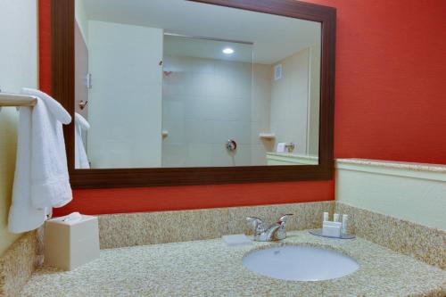 a bathroom with a sink and a large mirror at Courtyard by Marriott Pittsburgh North/Cranberry Woods in Cranberry Township
