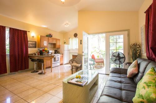 a living room with a couch and a kitchen at Whale House at Kehena Beach in Pahoa