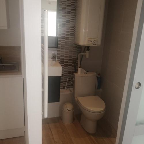 une petite salle de bain avec toilettes et lavabo dans l'établissement Charmant studio indépendant à 2 pas de la plage, à Larmor-Plage