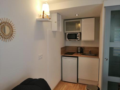une petite cuisine avec un évier et un micro-ondes dans l'établissement Charmant studio indépendant à 2 pas de la plage, à Larmor-Plage