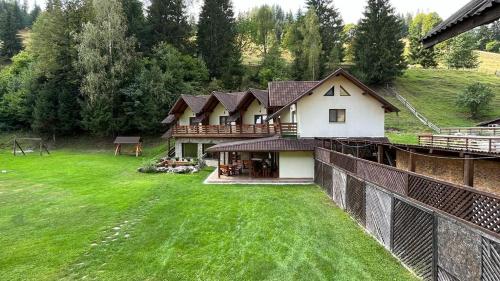 an aerial view of a house with a green yard at Pietrele Doamnei in Pojorîta