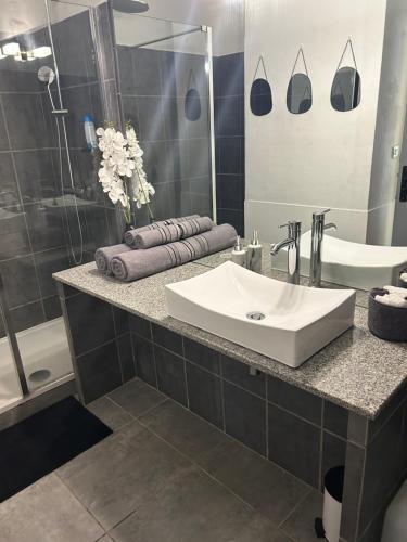a bathroom with a sink and a shower and a tub at Superbe studio avec Piscine, au coeur de la Marina! Village Soleil ! Proche Aéroport & Ferry in Le Gosier