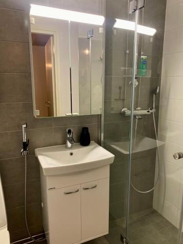 a bathroom with a sink and a shower with a mirror at HUTTUNEN 2 - Ihqu kaksio mahtavalla sijainnilla! in Iisalmi