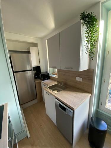 une petite cuisine avec un évier et un réfrigérateur dans l'établissement New T2 Clermont Salins, à Clermont-Ferrand