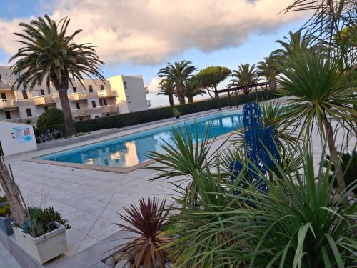 une piscine avec des palmiers et un bâtiment dans l'établissement Résidence, à Saint Cyprien Plage