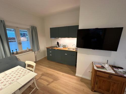 a kitchen with green cabinets and a television on the wall at Lütte Pension in Egestorf
