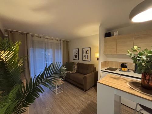 une cuisine et un salon avec un canapé et une table dans l'établissement Cannes Beach appartements - Piscine proche mer, à Cannes