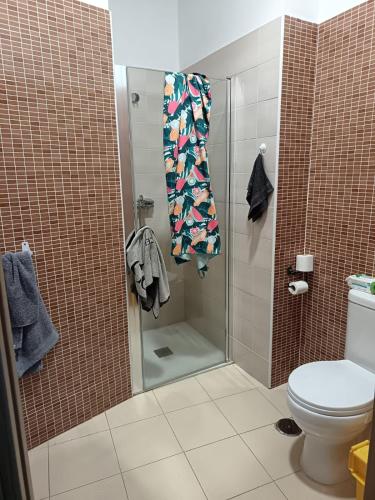 a bathroom with a shower and a toilet with a towel at Finisterrae Centro in Finisterre