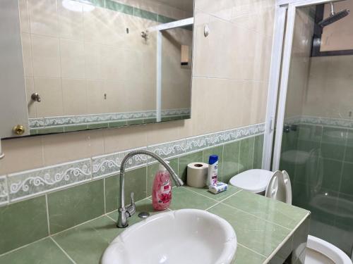 a bathroom with a sink and a toilet and a mirror at Departamento Independiente in Morelia