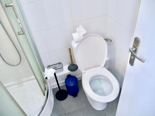 une salle de bain avec toilettes et cabine de douche dans l'établissement Céleste Home, à Melun