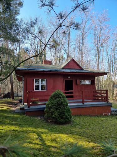 a red house with a porch in a yard at Boszkowski Azyl in Boszkowo-Letnisko