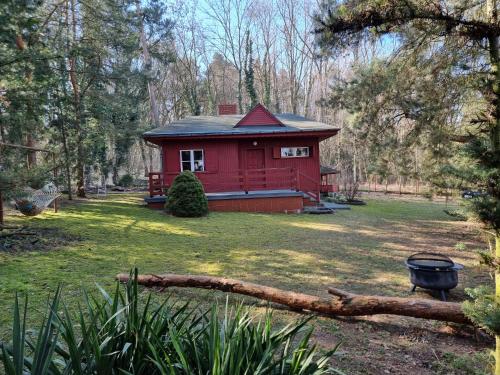 a red cabin in the middle of a yard at Boszkowski Azyl in Boszkowo-Letnisko