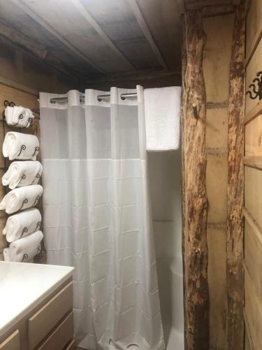 a bathroom with a white shower curtain and towels at Harper Tree Top in Rising Fawn