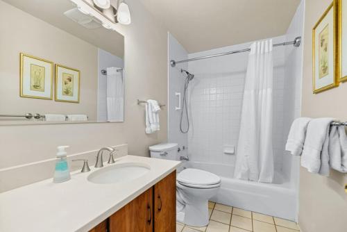 ein Badezimmer mit Waschbecken, Toilette und Dusche in der Unterkunft Cozy Secluded Riverfront Cabin Fireplace Parking in Vail