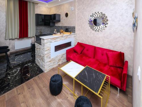 a living room with a red couch and a fireplace at Appartement de Luxe à Lyon in Lyon