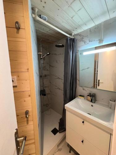 une salle de bain avec un lavabo et un miroir dans l'établissement Résidence Sefcotel - Studio pour 4 Personnes 574, à Tignes