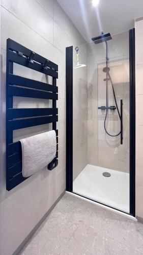 une salle de bain avec une douche avec une porte vitrée dans l'établissement Studio 3étoiles à 10 min du Centre - Calme, à Cannes