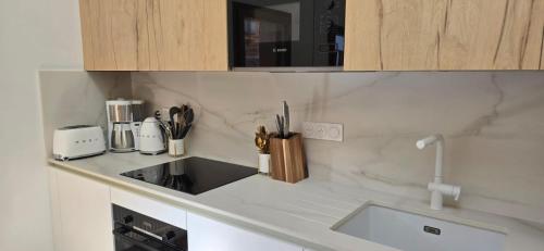 - une cuisine avec un comptoir et un évier dans l'établissement Au Beau Séjour, à Samoëns