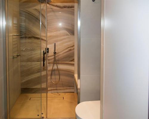 a shower stall in a bathroom with a toilet at Baltic View Apartment in Dziwnówek