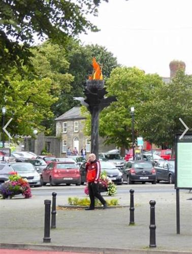 a man walking past a statue in a parking lot at No1 The Townhouse Kildare in Kildare