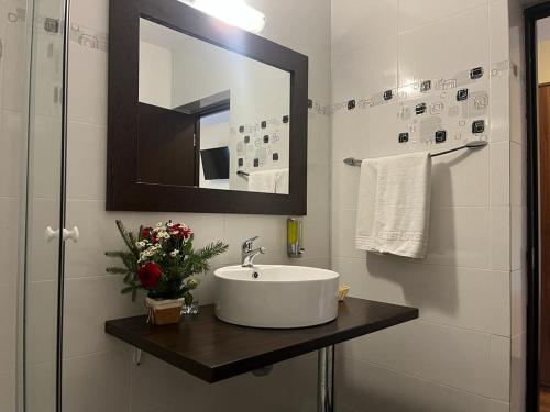 a white bathroom with a sink and a mirror at Pietrele Doamnei in Pojorîta