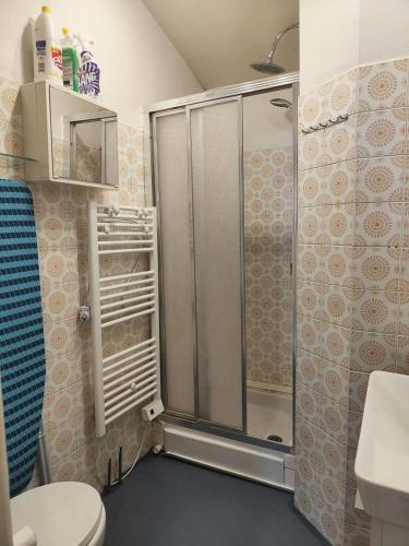 une salle de bain avec douche et toilettes dans l'établissement Résidence Palmyra - T2 mezzanine - 6 personnes - clim en option - piscine inclus MAE-5774, au Barcarès