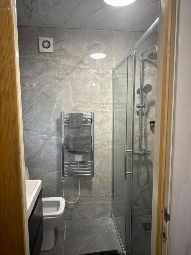 a bathroom with a shower and a toilet at Home sweet home in Leicester