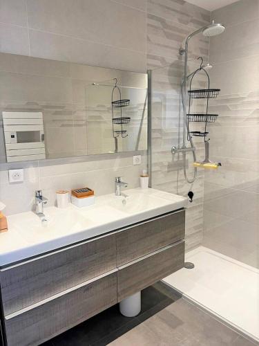 une salle de bain avec un lavabo et une douche dans l'établissement Appartement coup de coeur, à Le Touquet-Paris-Plage