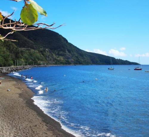 a beach with people swimming in the water at Bungalow jacuzzi privatif in Basse-Terre