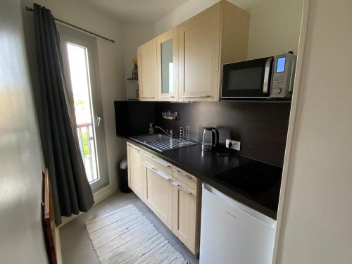 une cuisine avec un comptoir noir et un four micro-ondes dans l'établissement Ecrin de fleurs, à Gentilly