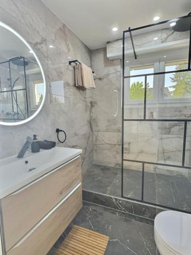 une salle de bain avec une douche, un lavabo et un miroir dans l'établissement Appartement Moderne et Cosy avec Balcon - Parking Gratuit - Netflix, à Logelbach