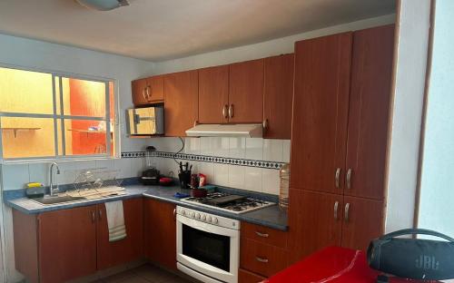 a kitchen with wooden cabinets and a stove top oven at #CasaEros in Aguascalientes