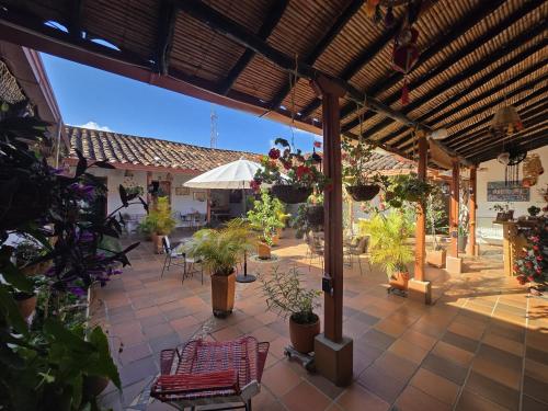 a patio with a bunch of potted plants on it at La Casona Espacio Bonito in Zapatoca