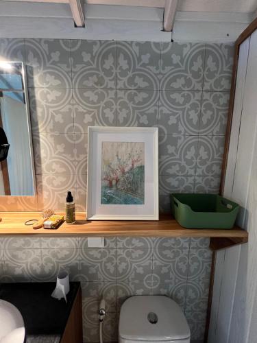a bathroom with a toilet and a picture on a shelf at The Lookout Cabin in Pupuan Tabanan Bali in Tabanan