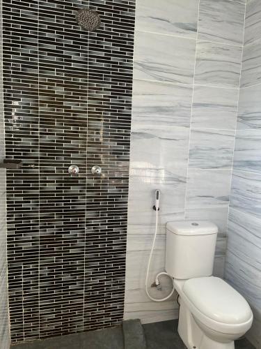 a bathroom with a toilet and a shower at Linda's Little Lincoln in Watamu