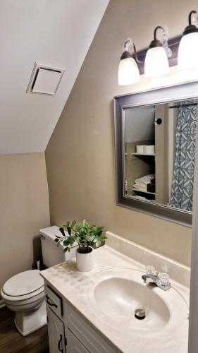 a bathroom with a sink and a toilet and a mirror at A Beautiful Sunset in Clarksville