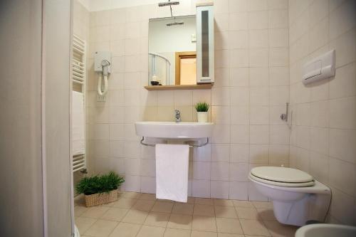 アルベロベッロにあるホテル サンタントニオのバスルーム(洗面台、トイレ、鏡付)