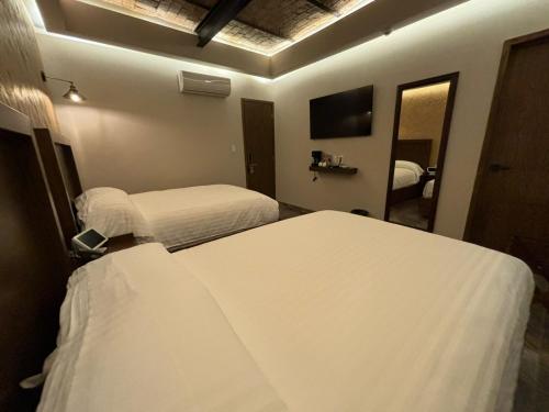 a hotel room with two beds and a mirror at Hotel Boutique Divino Sol in León